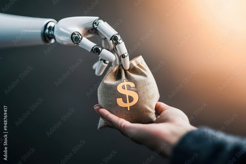 A robotic hand delivers a money bag, symbolizing the intersection of technology and finance in modern transactions. Using AI to make income.