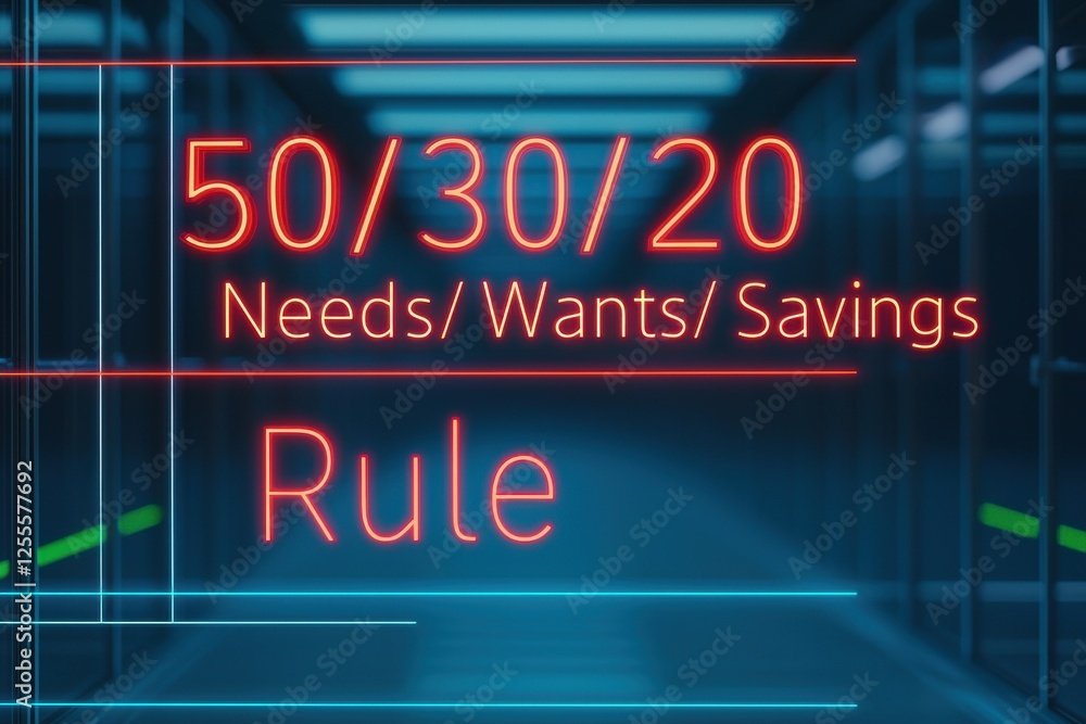 Personal Finance Management concept. A neon sign displays the "50/30/20 Rule" for budgeting, illustrating the distribution of needs, wants, and savings in personal finance.